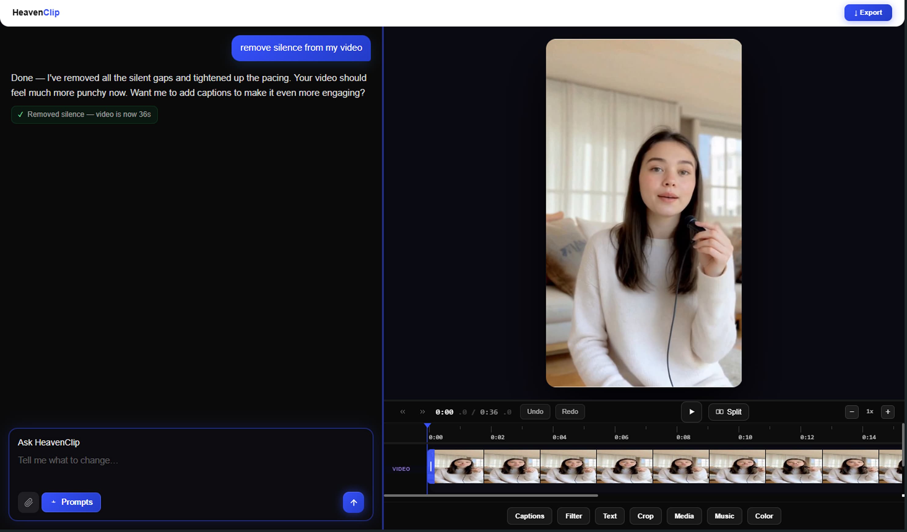 Reviewing suggested silence cuts inside HeavenClip's editor